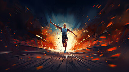 A sprinter crossing the finishing line on a track - obrazy, fototapety, plakaty