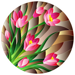 Illustration in stained-glass style with pink flowers  Crocuses on a brown background, round image