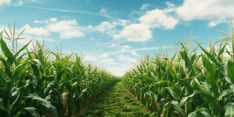 field corn nature agriculture sky farming rural plant green blue summer landscape spring crop cou - obrazy, fototapety, plakaty