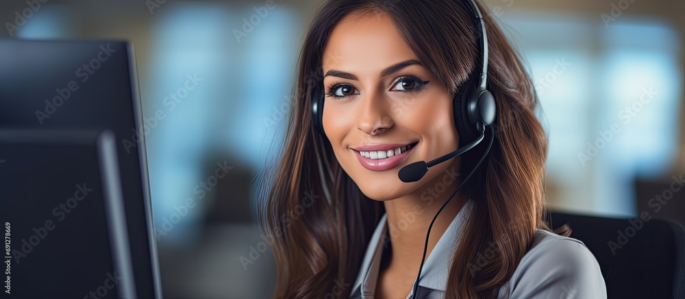 Poster female call center providing computer-based headset customer service and technical support in-office