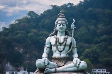 Statue of meditating Hindu god Shiva against the sky and clouds on the Ganges River at Rishikesh village in India, Generative AI