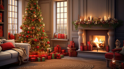 Fototapeta na wymiar Interior of decorated living room with Christmas tree and comfortable sofa for family comeliness