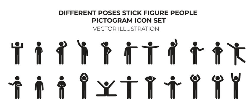 Collection of stick figures with different poses, human icon. Various Basic Standing Human Man People Body Languages Poses Postures Stick Figure Stickman Pictogram Icons Set
