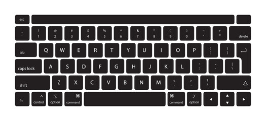 Keyboard of computer, laptop. Modern key buttons for pc. Black, white keyboard isolated on white background. Icon of control, enter, qwerty, alphabet, numbers, shift, escape. Realistic mockup. Vector  - obrazy, fototapety, plakaty