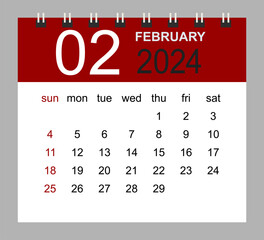 February 2024. Vector monthly calendar template 2024 year in simple style for template design. Week starts from Sunday.