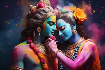 Hindu God Krishna and Radha in Holi festival concept. Generative AI - obrazy, fototapety, plakaty