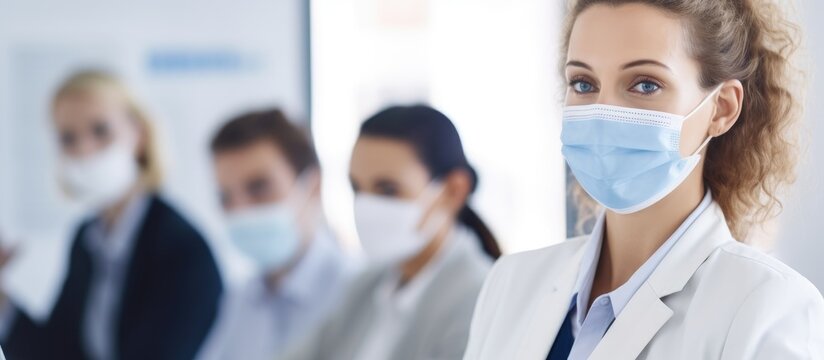 Businesswoman wearing mask, writing on whiteboard with team during pandemic. - Powered by Adobe
