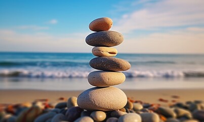 Fototapeta na wymiar Stone tower. Balancing body, mind, soul and spirit. Mental health and well-being concept. Pebble stone on the beach. Generative AI