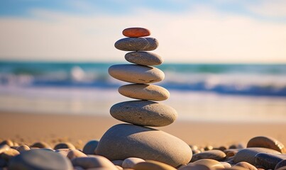 Stone tower. Balancing body, mind, soul and spirit. Mental health and well-being concept. Pebble stone on the beach. Generative AI