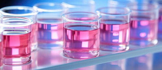 Colorful pink liquid is contained in clear plastic cuvettes. Assay measures absorbance reading with gradient of color.