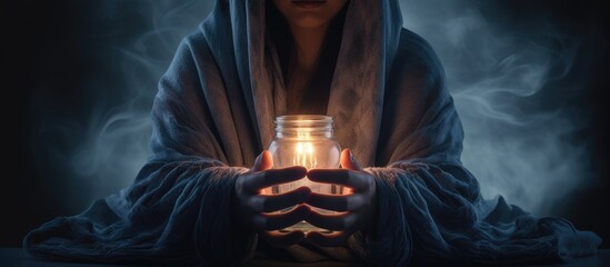 Woman warming hands at home during energy crisis. - obrazy, fototapety, plakaty