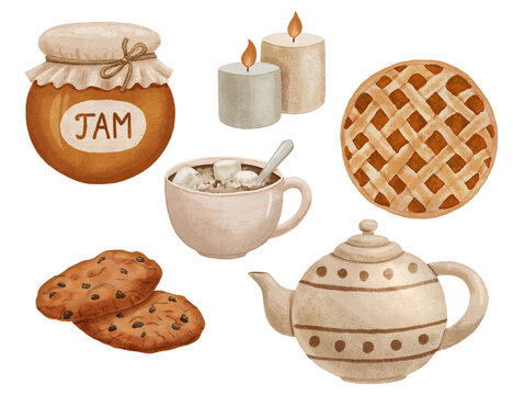 Set of watercolor illustrations with teapot, pie, cookies and jar of jam. Cozy items for autumn tea party isolated on white.