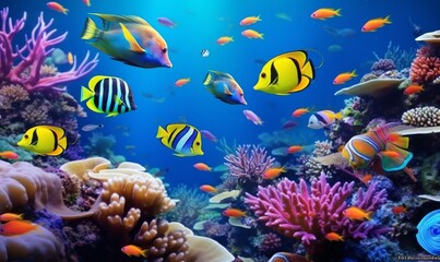Naklejka na ściany i meble Animals of the underwater sea world. Ecosystem. Colorful tropical fish. Generative AI