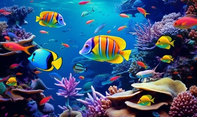 Naklejka na ściany i meble Animals of the underwater sea world. Ecosystem. Colorful tropical fish. Generative AI