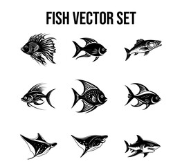 "Impressive Collection of 9 Fish Pictograms, Each Vector Meticulously Crafted to Represent the Diversity and Elegance of Various Fish Species."