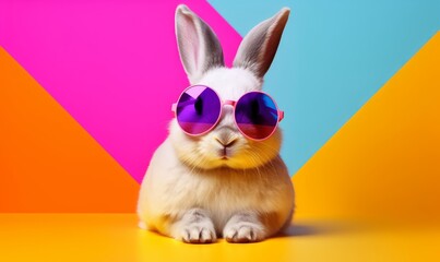Cool bunny with sunglasses on colorful background. Generative AI - obrazy, fototapety, plakaty