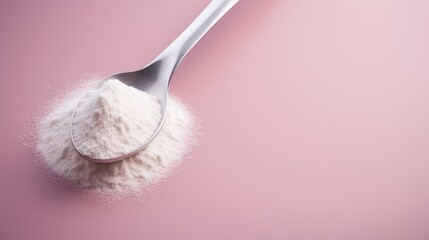 Spoon with collagen or protein powder on pastel background. Natural supplement for beauty and health of skin, bones, joints and intestines. Plant or fish based. Flatley, top view. - obrazy, fototapety, plakaty