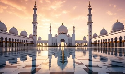 Abu Dhabi, UAE, Sheikh Zayed Grand Mosque in the Abu Dhabi, United Arab Emirates on a sunset view background. Generative AI