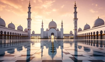 Deurstickers Abu Dhabi, UAE, Sheikh Zayed Grand Mosque in the Abu Dhabi, United Arab Emirates on a sunset view background. Generative AI © Neha Focus
