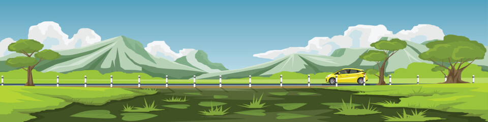 Travels of hatchback car with driving for banner. Asphalt road  has boundary posts and near the vast meadows and swamps with mountain under blue sky and white clouds. Copy Space Flat Vector. - obrazy, fototapety, plakaty