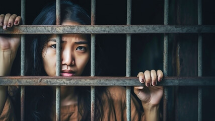 A woman imprisoned. A woman holds her hands on the bars of a prison cell. Close-up.