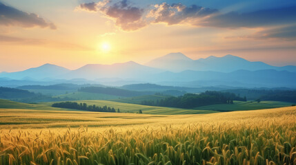 A serene sunrise over a wheat field with mountains. The sun casts a golden glow on the green grass and golden wheat, enhanced by a light mist, creating a tranquil rural scene.