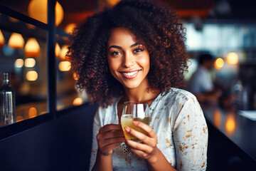 Beautiful young woman sitting at a bar with a glass of whiskey in a luxurious interior. Blurred background. A woman is relaxing in a bar with a glass
