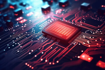 Fototapeta premium A powerful computer processor or chip on a motherboard. Modern technologies. Red background. Modern electronics production.