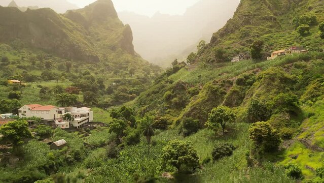 Aerial View Of Cova de Paul In Mist - Tourist Attraction In Cape Verde, Africa.
