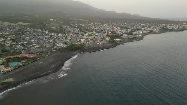 Panoramic Aerial View Of Porto Novo City On The Island of Santo Antao, Cape Verde, Africa. Panning Shot