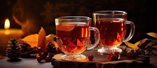 Autumn or winter hot drink placed in a festive table setting, served in a double glass cup.