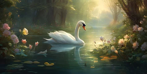 Rolgordijnen Dreamlike Serenity: Graceful Swans Amidst Pond Plants, Captured in the Ethereal Beauty of Watercolors, Creating a Sublime, Artistic, and Harmonious Scene of Nature's Tranquility. © hisilly
