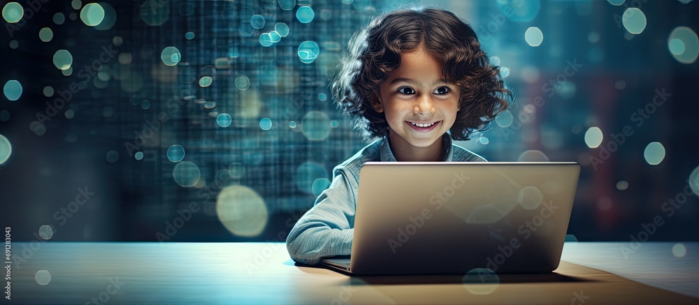Wall mural child of asian descent advancing coding skills in a contemporary computer literacy class.