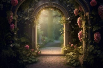 A beautiful secret fairytale garden with flower arches and beautiful tropical forest with colorful vegetation, Generative AI - obrazy, fototapety, plakaty
