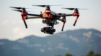 a state-of-the-art drone undergoing a test flight, set against a backdrop of a cool-colored sky and clouds. generative AI