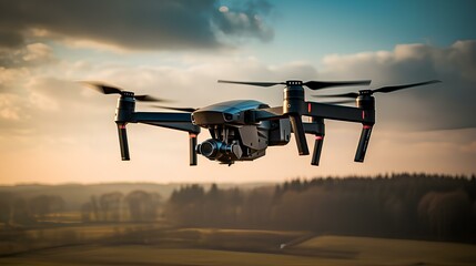 a state-of-the-art drone undergoing a test flight, set against a backdrop of a cool-colored sky and clouds. generative AI