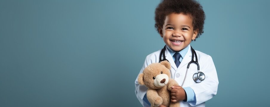 A African American Child In A Doctor's Attire Stands Against A Soft And Clean Backdrop, Holding A Toy Stethoscope With A Smile.