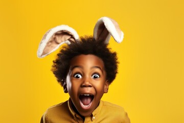 African American boy with curly hair and bunny ears, shouting in amazement while holding an Easter basket, set against a yellow background. - obrazy, fototapety, plakaty