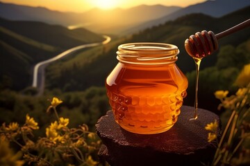 Freshly gathered honey in a glass jar in the morning mountain. Generative AI - obrazy, fototapety, plakaty