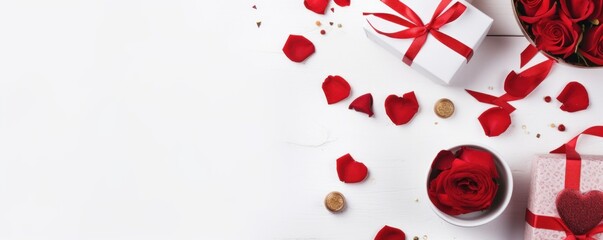 Banner. Valentine's Day. Flat lay of red hearts, handmade gift boxes, red roses on a white background. Copy space. The concept of holidays and love.