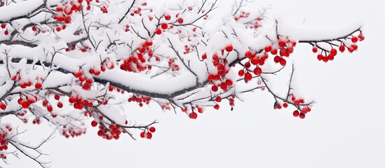 A winter blizzard leaves a snowy, red berry rosehip bush.