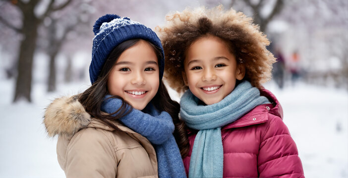 雪景色の中の笑顔の子どもたち.generative AI