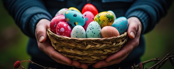 Close up of colorful Easter eggs in a basket in hands, no face - Powered by Adobe