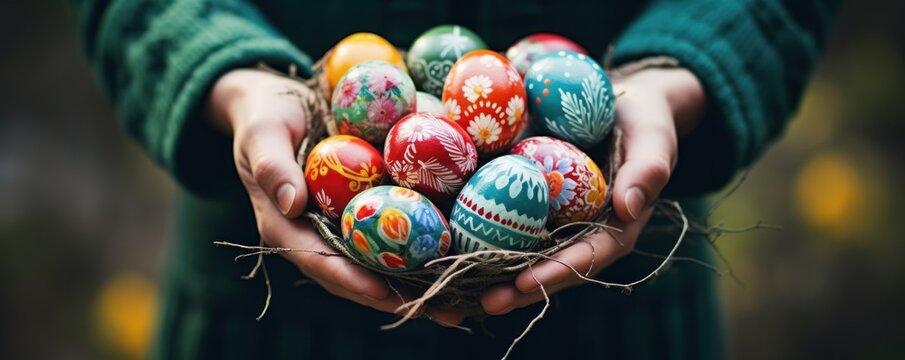 Close up of colorful Easter eggs in a basket in hands, no face