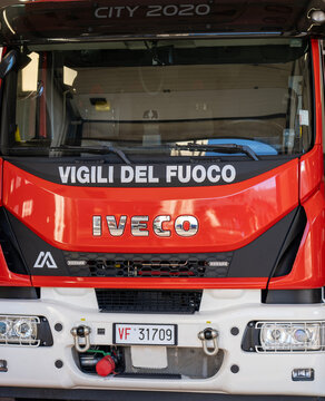 Bergamo, Italy. Red fire truck ready to provide first aid in case of emergency. Tank lorry. Italian firefighters or Vigili del fuoco