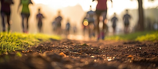 Blur of urban park marathon runners walking, focusing on fitness, healthy lifestyle, and road beneath feet.