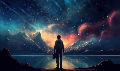 Abstract art. Colorful painting art of a man looking at the Milky Way. Background illustration. Generative AI