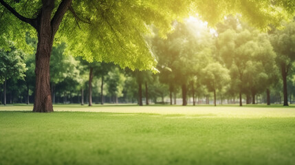 Obraz premium Green lawn and trees background with copyspace. Nature background concept. Generative AI