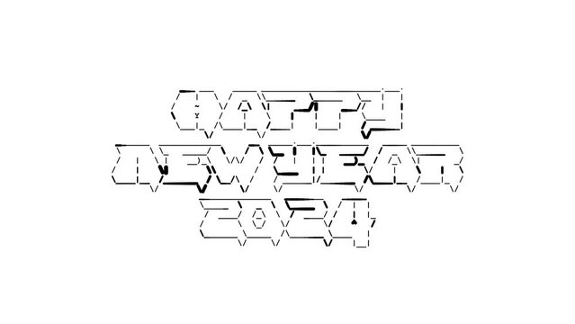 Happy New Year 2024 ascii animation on white background. Ascii art code symbols with shining and glittering sparkles effect backdrop. Attractive attention promo.