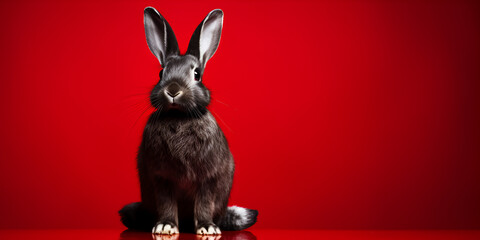Portrait of a Cute Rabbit with red background, Cuteness Overload: Bunny Closeup Against a Bold Red Hue